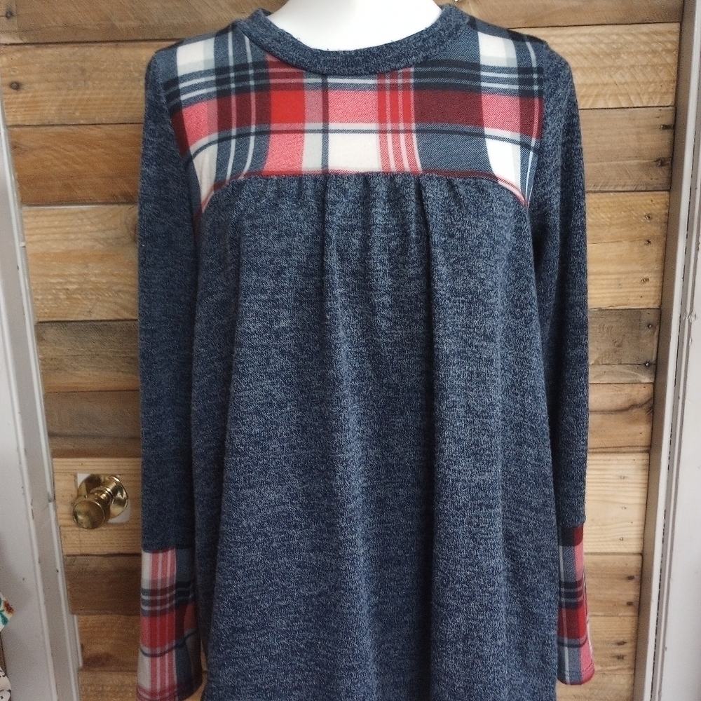 Gorilla Cat Blue Red Plaid Pullover Flare Sweater Long Sleeve Large.